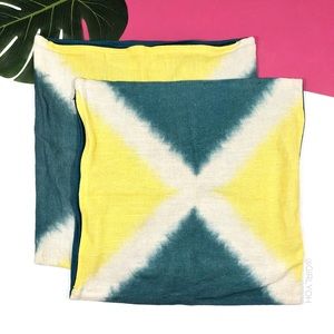 CB2 Yellow Blue Teal Linen Tie Dye Dichromic Square Throw Pillow Cover Cases